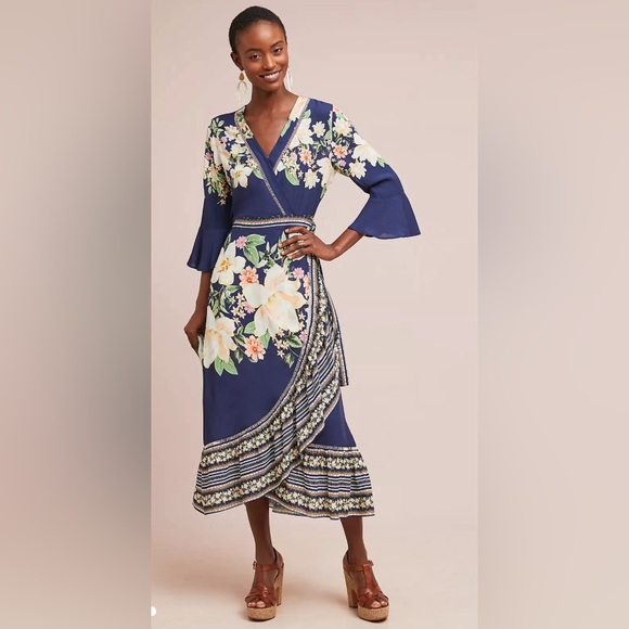 Anthropologie Farm Rio Midnight Flower Wrap Dress - Picture 2 of 8
